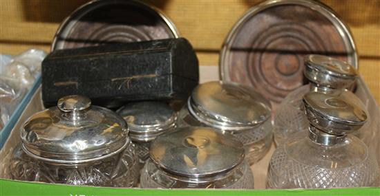 Cased silver napkin rings, mother of pearl inlaid silver box, silver top jars and pair silver coasters